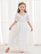 A-Linien-Spitze Knöchellanges Elfenbein Boho Blumenmädchenkleid 