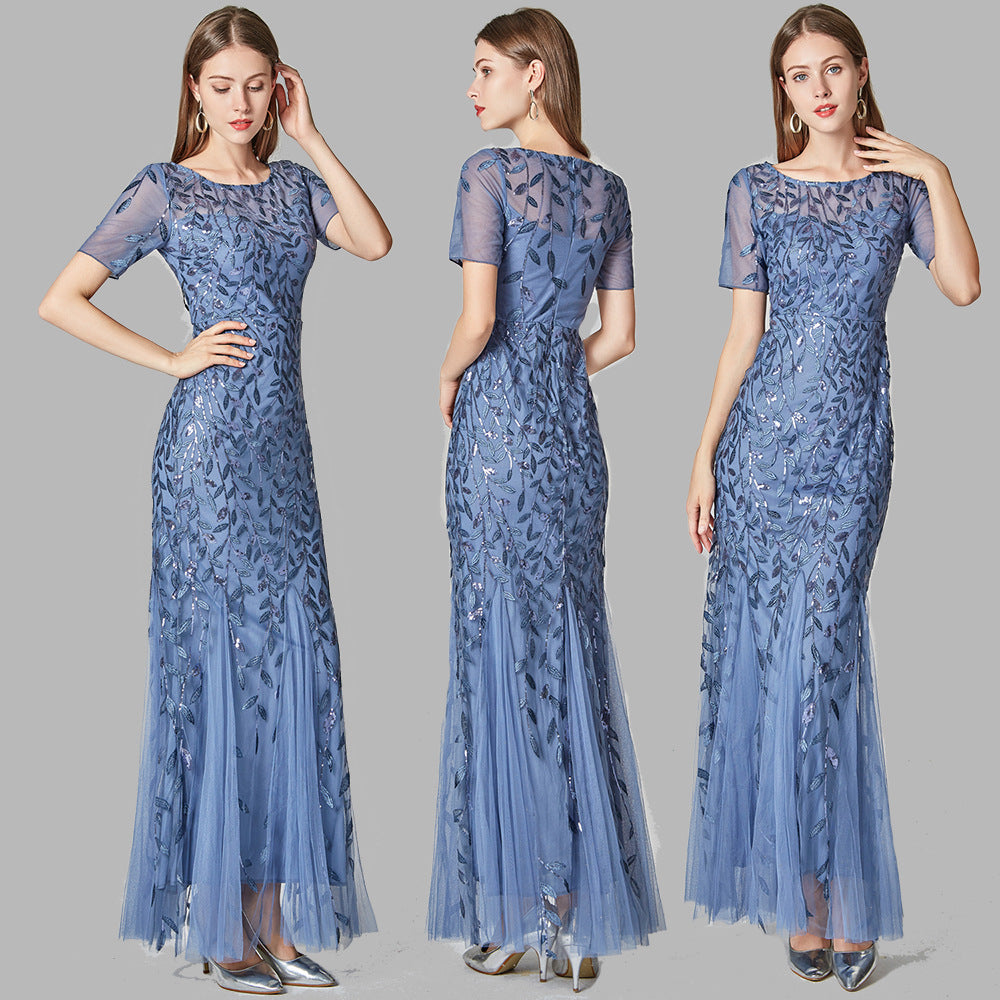 Summer Autumn Banquet Host Slim Mesh Sequ Evening Dress Fishtail Dress for Women