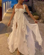 Bohemian Weiß Chiffon Abendkleid Neckholder Ballkleid Partykleid Y7542