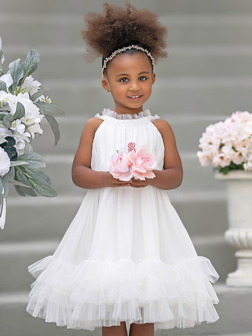 Chiffon Tulle Knee-length Ivory Flower Girl Dress
