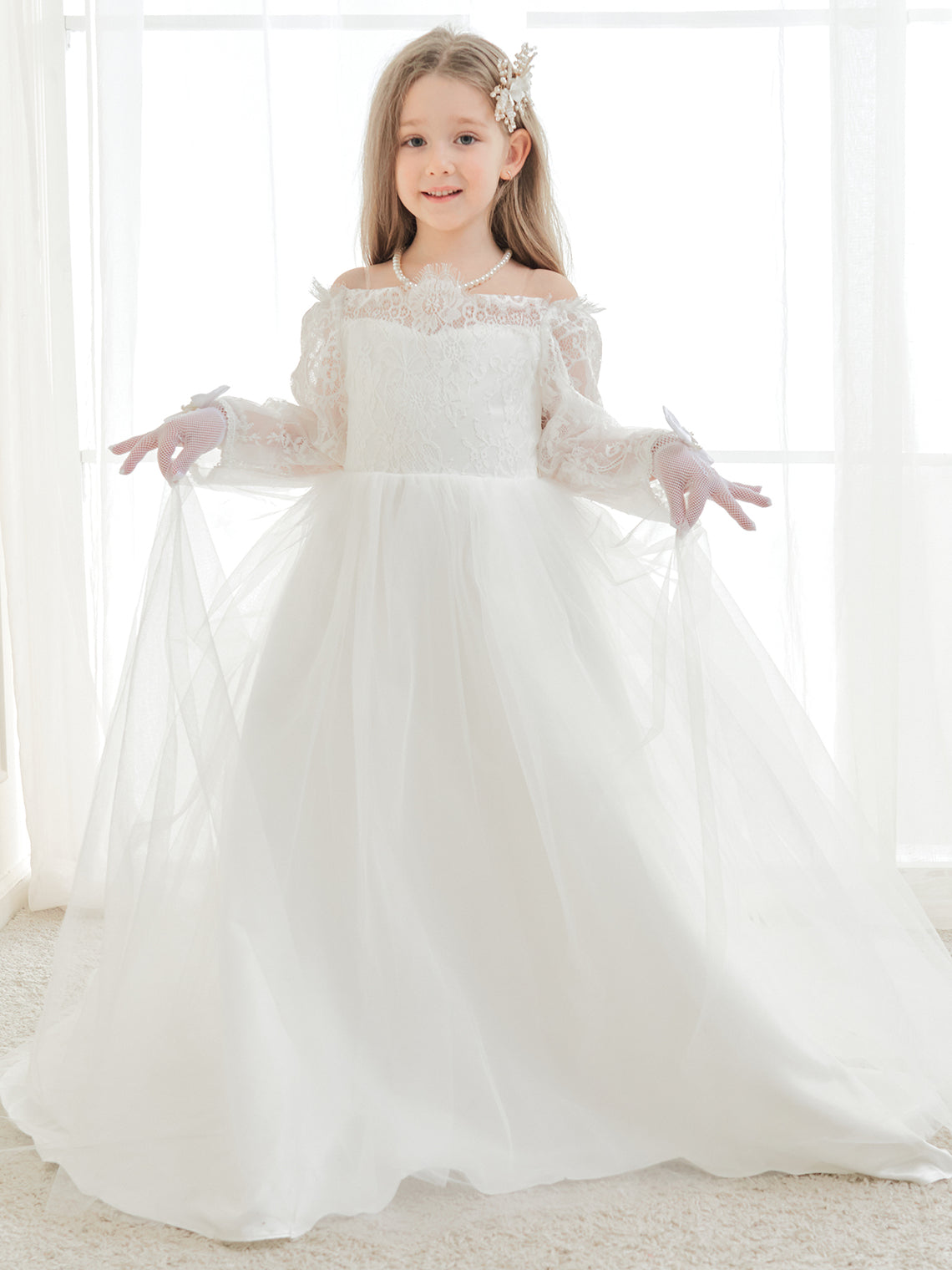 A-Linie Spitze Tüll Bodenlang Elfenbein Kleid (2003227154) 