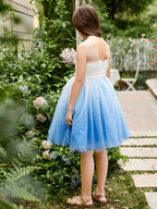 Vestido de fiesta/princesa de tul azul hasta la rodilla para niña de las flores
