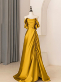 Vestido de fiesta largo de satén con corte A y hombros descubiertos, plisado, Y7599