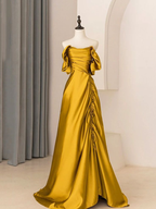 Vestido de fiesta largo de satén con corte A y hombros descubiertos, plisado, Y7599