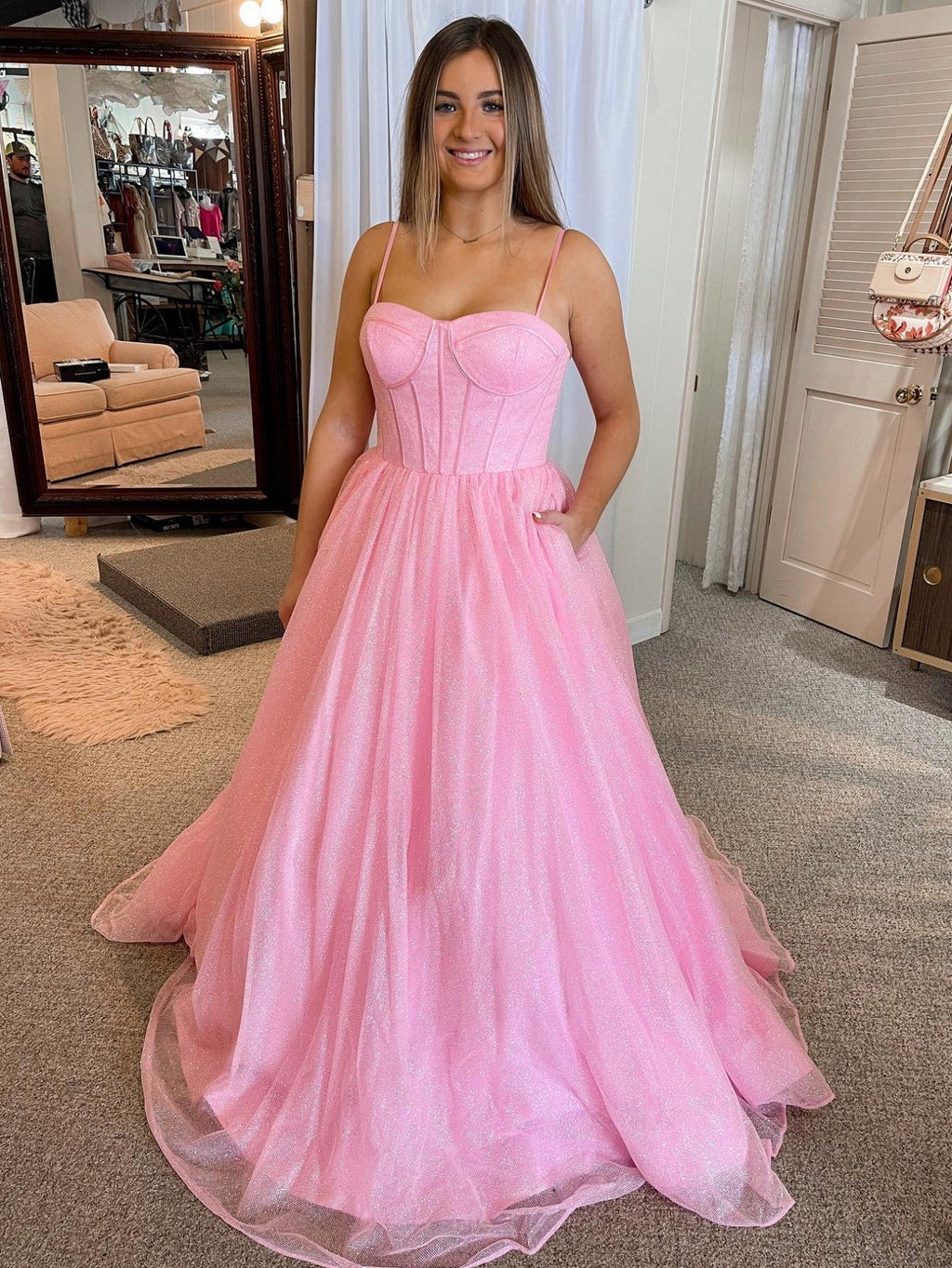 A Line Glitter Tulle Prom Dress with Pockets