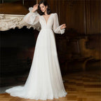 Elegant Glitter Tulle Deep V-Neck Wedding Dresses Princess Shiny Lantern Sleeves Backless A-Line Pleated Bridal Gowns-payinti