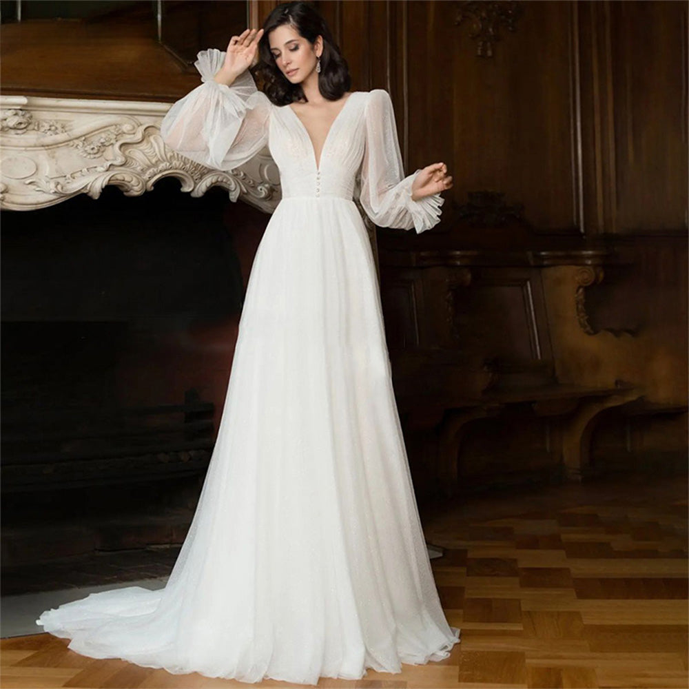 Elegant Glitter Tulle Deep V-Neck Wedding Dresses Princess Shiny Lantern Sleeves Backless A-Line Pleated Bridal Gowns-payinti