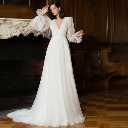 Elegant Glitter Tulle Deep V-Neck Wedding Dresses Princess Shiny Lantern Sleeves Backless A-Line Pleated Bridal Gowns-payinti