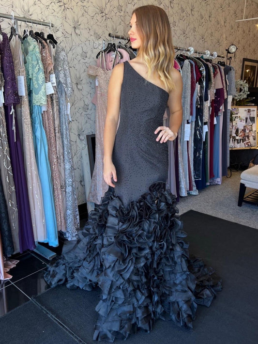 Meerjungfrau-Kleid, schwarz, ein Schulter, gestuft, Pailletten, lang