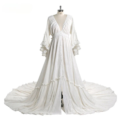 Deep V Neck Long Sleeves Maternity Dresses for Photo Shoot with Front Buttons and Adjustable Waist Sunnderly SY211202