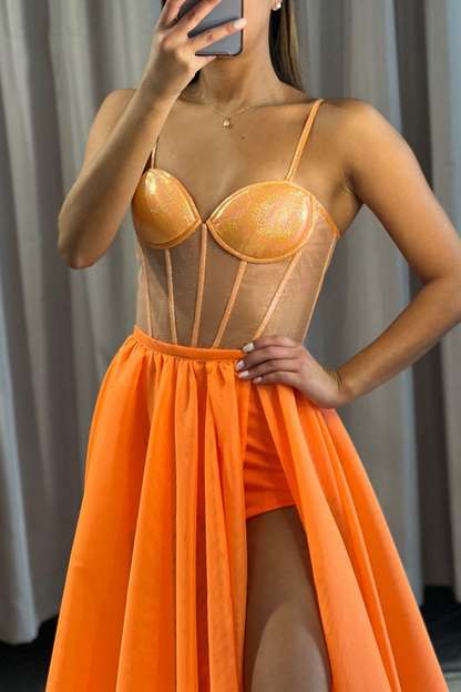 Orange Long A Line Spaghetti Straps Chiffon High Split Prom Dress