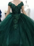 Vestidos de quinceañera verdes con hombros descubiertos de tul Y297