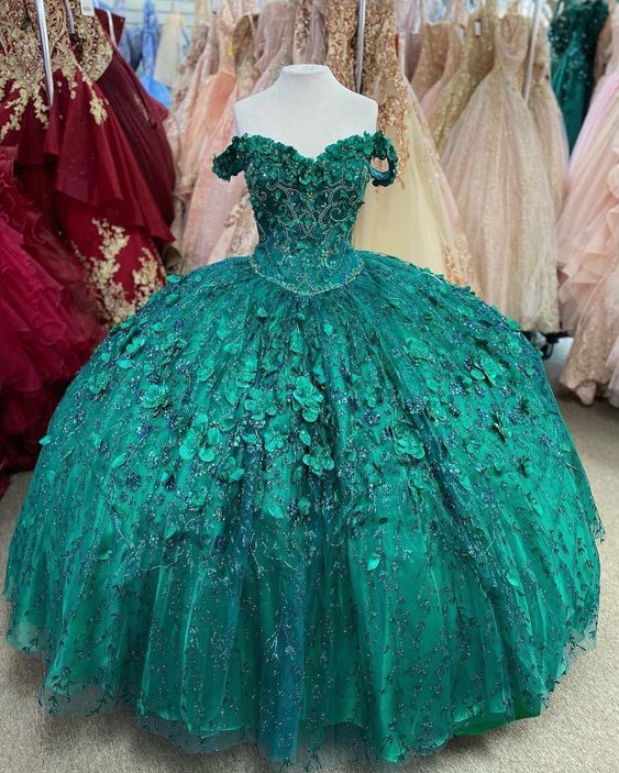 Vestido de quinceañera con escote corazón, hombros descubiertos, color verde esmeralda, con flores y cuentas hechas a mano, Y293