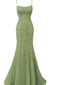 Vestido largo de fiesta con apliques de encaje verde salvia, corte sirena, tirantes finos, vestido de noche Y295