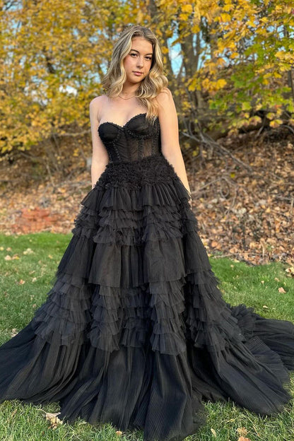 Averi | Zartrosa Tüll-Ballkleid mit Rüschenlagen und Schnürung am Rücken in A-Linie