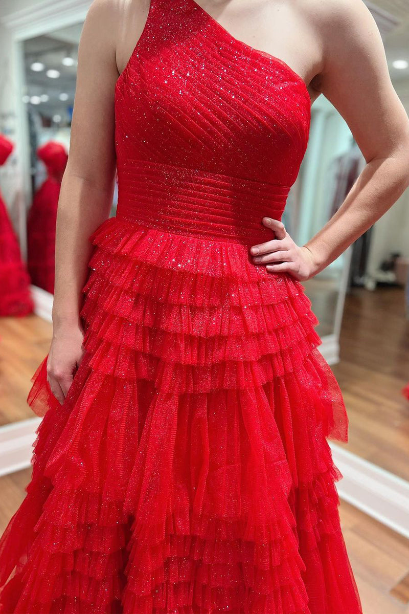 Vestidos de fiesta largos de tul con volantes y un hombro en rojo brillante