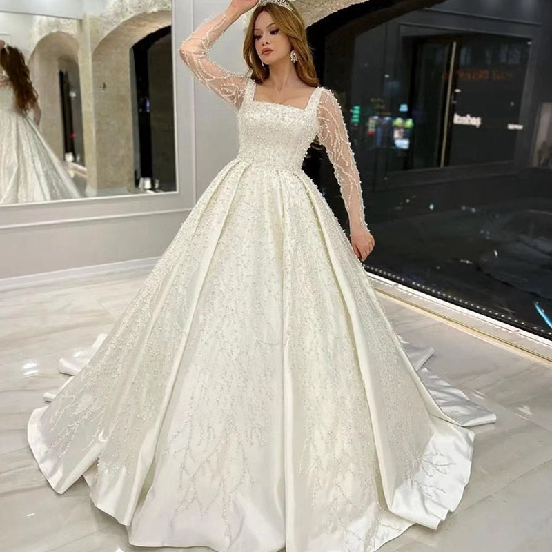 Luxury Wedding Dress Embroidered Lace Beading With Princess Ball Gown Square Collar Fullsleeve Bride Button Vestido De Novia-payinti