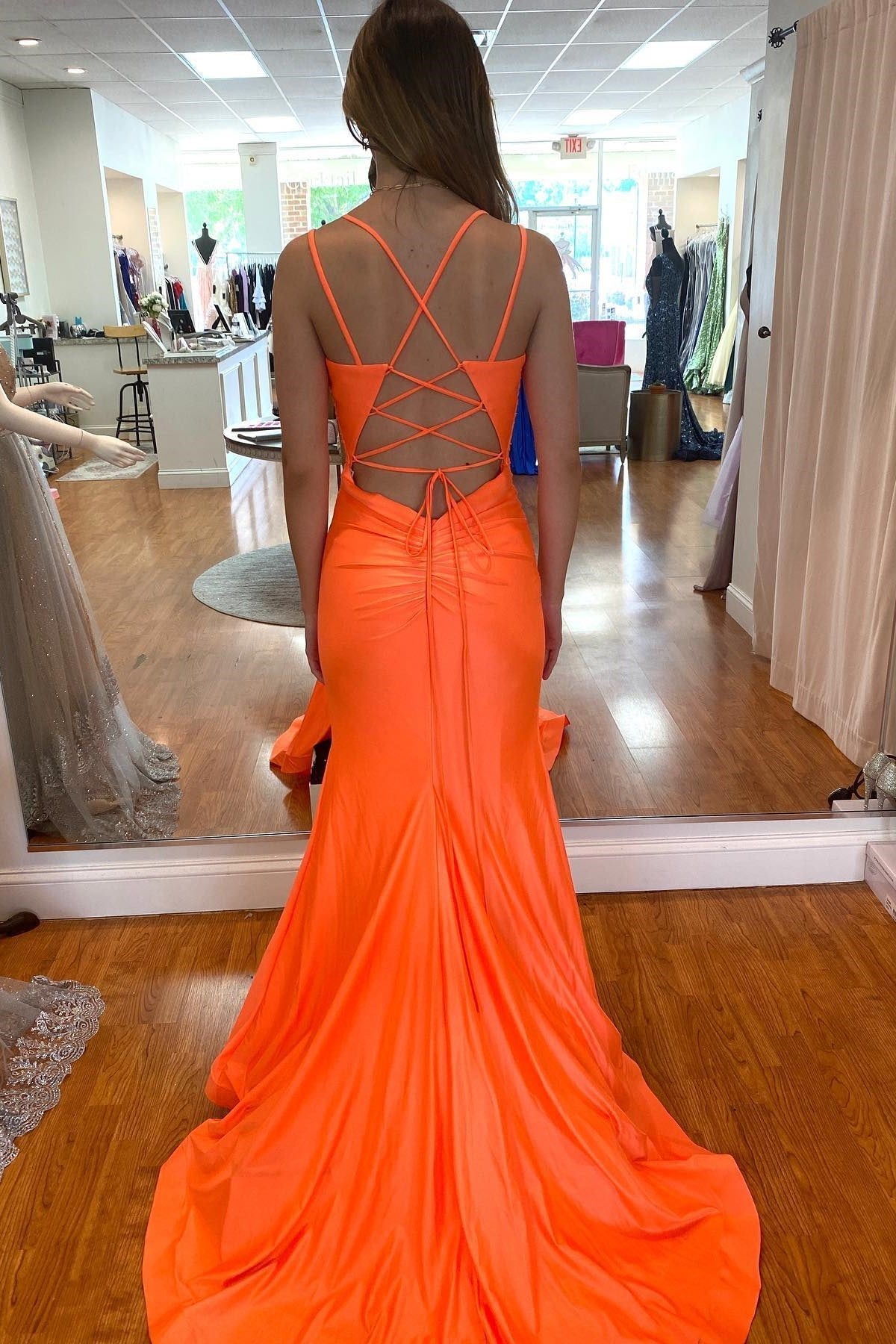 Vestidos de fiesta largos de sirena naranja, vestidos de noche formales Y486