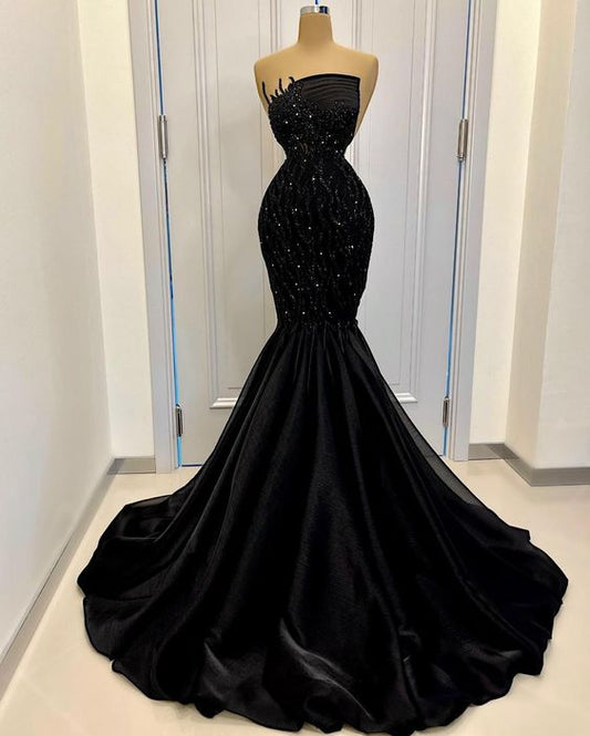 Vestido de fiesta largo negro de corte sirena con clase, sin tirantes, vestido de noche negro Y465