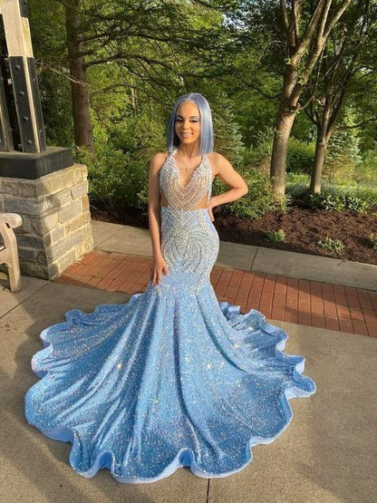 Sexy schimmerndes blaues Ballkleid mit funkelnden Pailletten, Empfangskleid, Abendkleid, Cocktailkleid, Abschlusskleid Y471