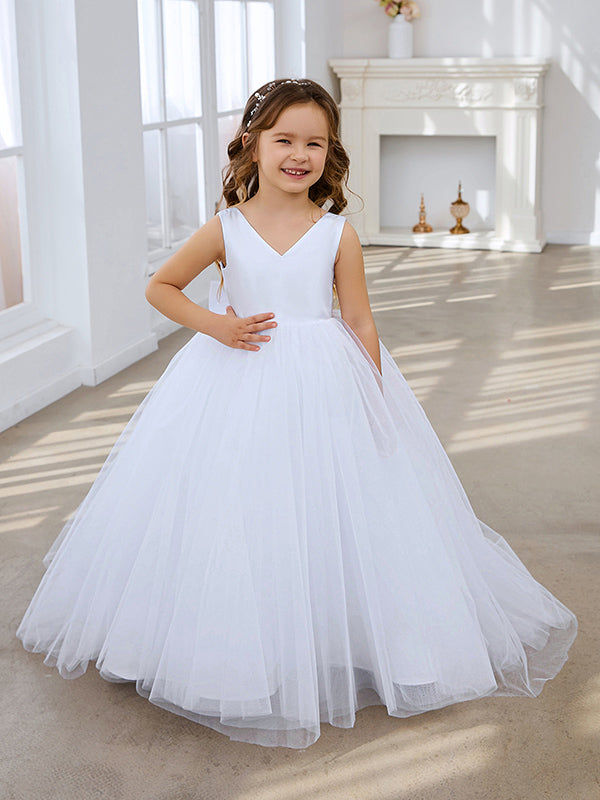 Klassisches weißes ärmelloses A-Linien-Blumenmädchenkleid aus Satin und Tüll 