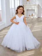 Klassisches weißes ärmelloses A-Linien-Blumenmädchenkleid aus Satin und Tüll 