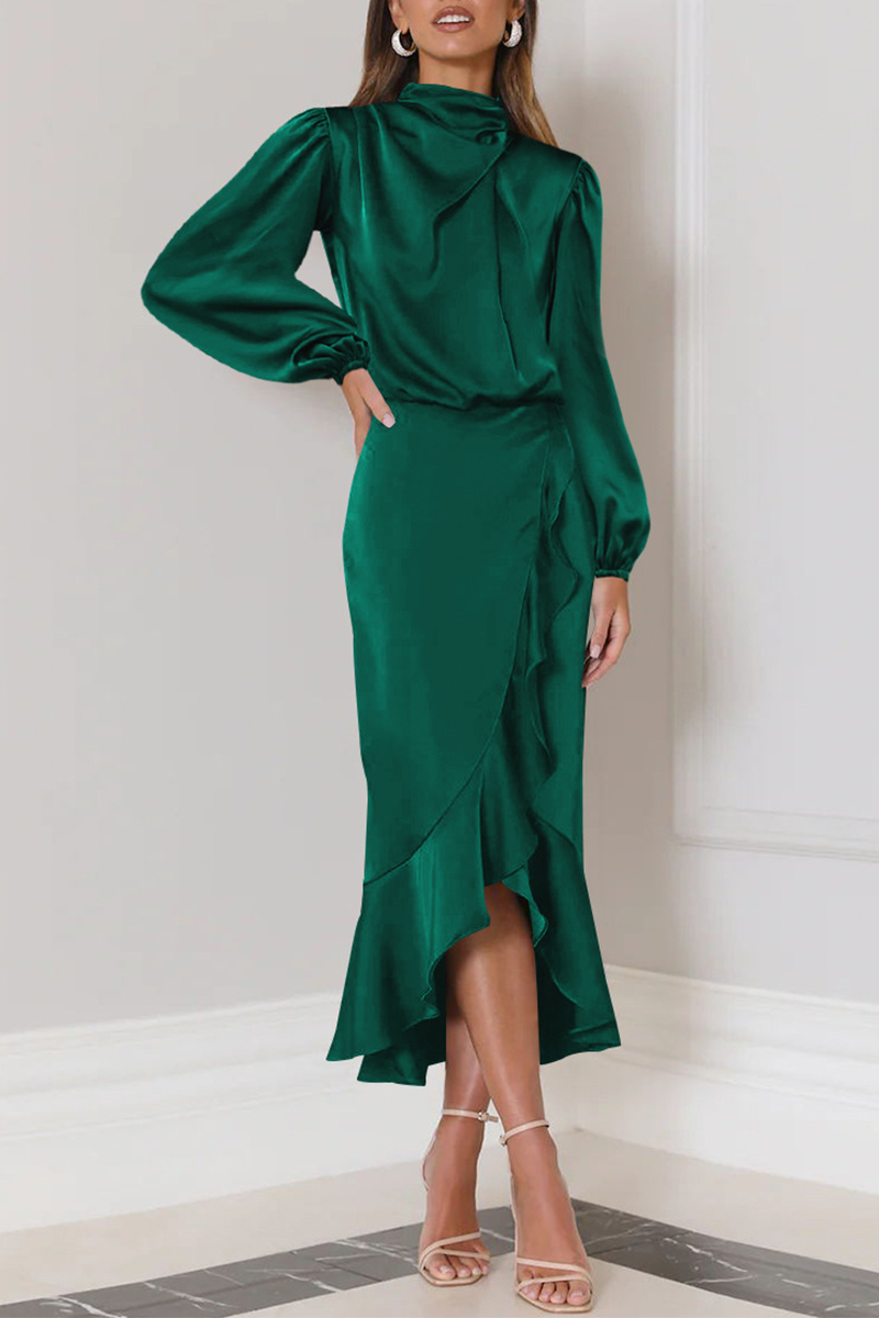 Elegant Solid Flounce Fold Turtleneck Evening Dress