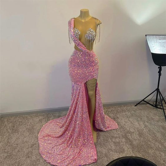 Glitzernde rosa Pailletten-Abschlussballkleider für schwarze Mädchen mit Quasten, Luxuskleid für Gala-Party 2023, geteilter Schlitz, lange Meerjungfrau-Abendkleider Y1871