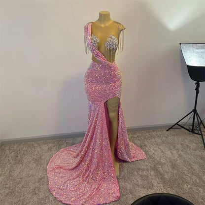 Glitzernde rosa Pailletten-Abschlussballkleider für schwarze Mädchen mit Quasten, Luxuskleid für Gala-Party 2023, geteilter Schlitz, lange Meerjungfrau-Abendkleider Y1871