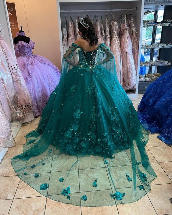 Floral weg von der schulter smaragdgrün quinceanera kleid neue ankunft süße 16 kleid ballkleid Y1226