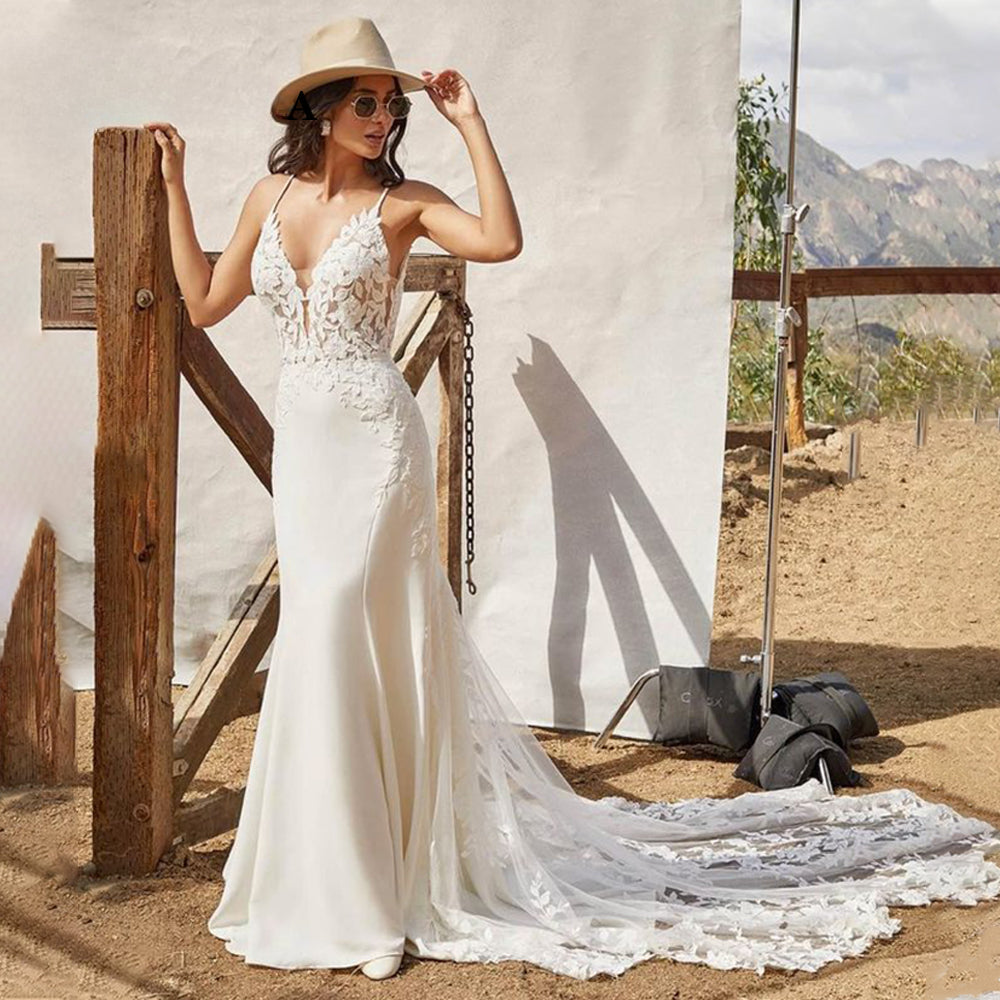Spaghetti Strap Mermaid Wedding Dresses For Bride Satin V-Neck Appliques Backless Sleeveless Customised Robe De Mariée-payinti