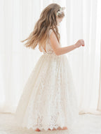 A-Linien-Spitze Knöchellanges Elfenbein Boho Blumenmädchenkleid 