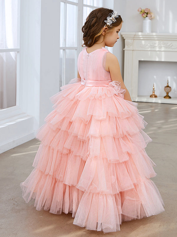 Vestido de fiesta/princesa rosa perla sin mangas con lazo de tul para niña de las flores
