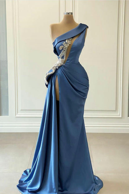 Elegante vestido de fiesta de satén con un solo hombro, corte sirena y abertura