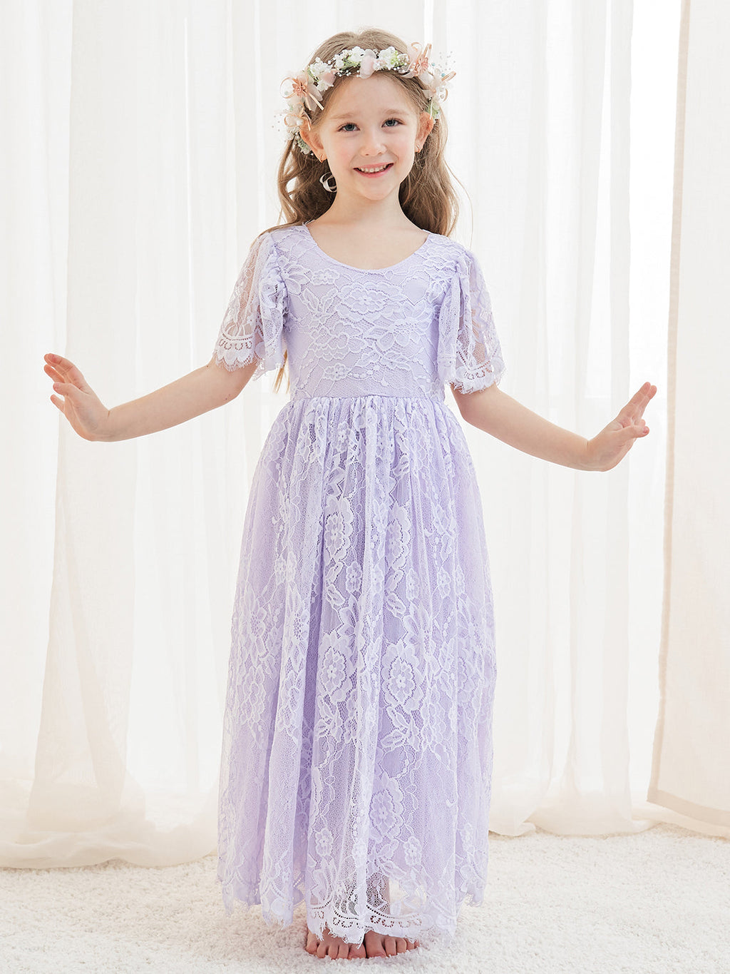 A-Linien-Spitze Knöchellanges Elfenbein Boho Blumenmädchenkleid 