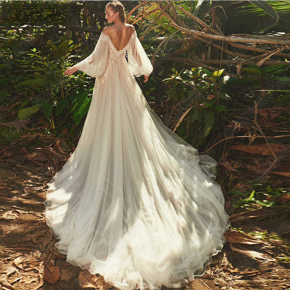 Light Champagne Wedding Dresses Pastrol Puff Long Sleeves 3D Flowers Bride Gowns A-Line Sexy Backless vestidos de novia-payinti