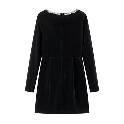 TARUXY Bead Drill Velveteen Dress For Women Long Sleeve Slim Black Formal Dress Female Party Elegant Retro Evening Dresses Femme