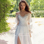 Wedding Dresses Boho Beach Lace Long Sleeves Split Vestidos De Novia Elegant Bohemian Bridal Gown Chiffon Illusion O Neck-payinti