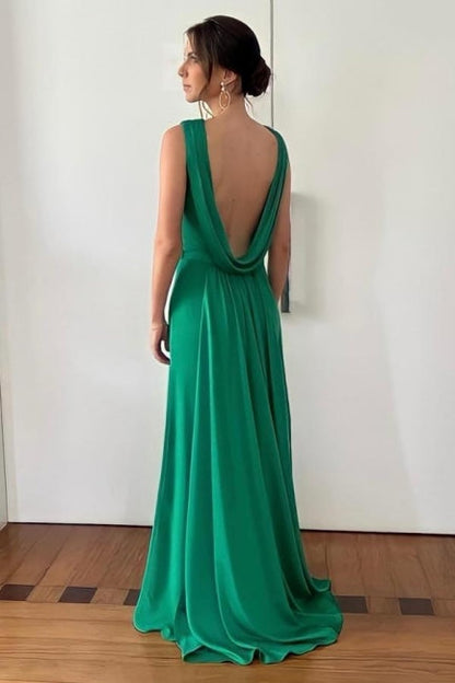 Fabelhaftes ärmelloses grünes Ballkleid in A-Linie aus Satin mit offenem Rücken