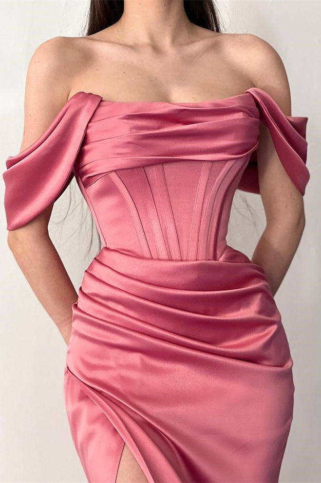 Fabuloso vestido de fiesta de satén estilo sirena con hombros descubiertos y abertura hasta el suelo