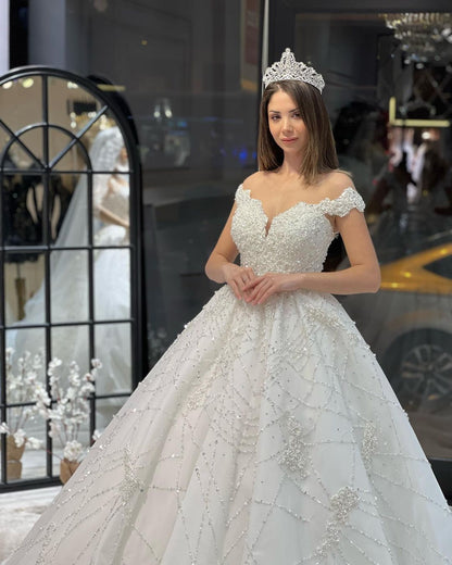 Fabulous Floor Length Sweetheart Off-The-Shoulder A-Line Sequined Wedding Dress with Ruffles