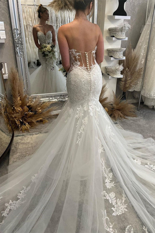 Fabelhaftes bodenlanges, ärmelloses Meerjungfrau-Brautkleid mit Herzausschnitt und Spitze