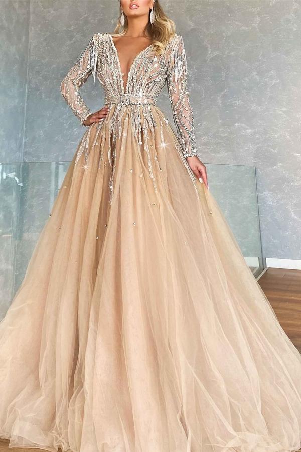 Fabelhaftes langes A-Linien-Ballkleid aus Tüll mit V-Ausschnitt und Perlenbesatz und Ärmeln