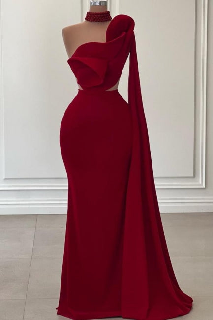 Fabelhaftes langes burgunderrotes One-Shoulder-Meerjungfrauen-Ballkleid ohne Ärmel mit Rüschen