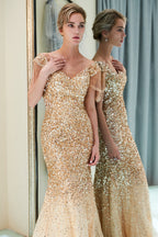 Fabuloso vestido de fiesta largo de sirena con hombros descubiertos de tul y lentejuelas