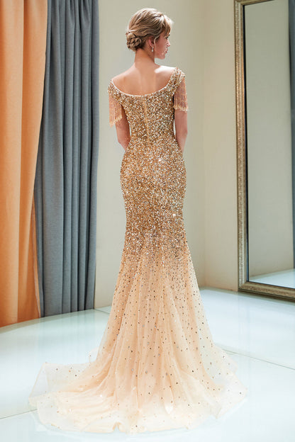 Fabelhaftes langes schulterfreies Tüll-Ballkleid mit Pailletten im Meerjungfrauenstil