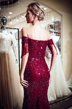 Fabuloso vestido de fiesta largo de sirena con hombros descubiertos de tul y lentejuelas