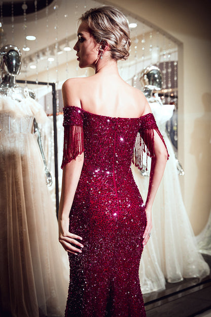 Fabelhaftes langes schulterfreies Tüll-Ballkleid mit Pailletten im Meerjungfrauenstil