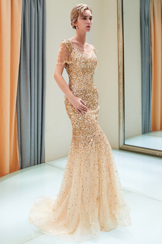 Fabelhaftes langes schulterfreies Tüll-Ballkleid mit Pailletten im Meerjungfrauenstil