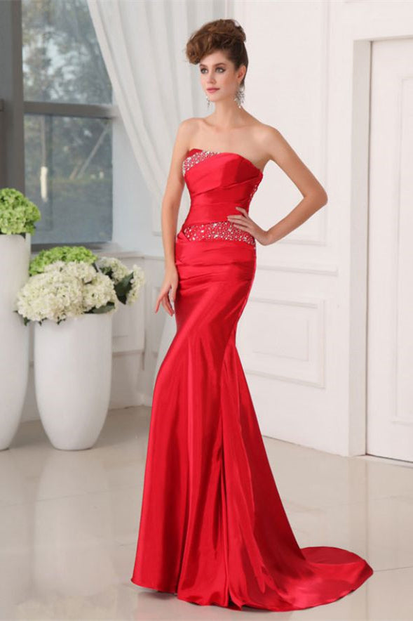Fabelhaftes langes rotes trägerloses, ärmelloses Ballkleid mit Pailletten und Schnürung